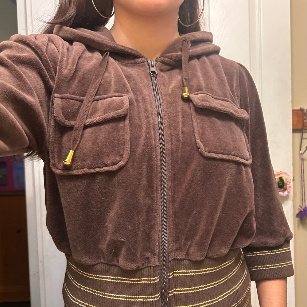 Brown Velour Hooded Seductions zip up sweater